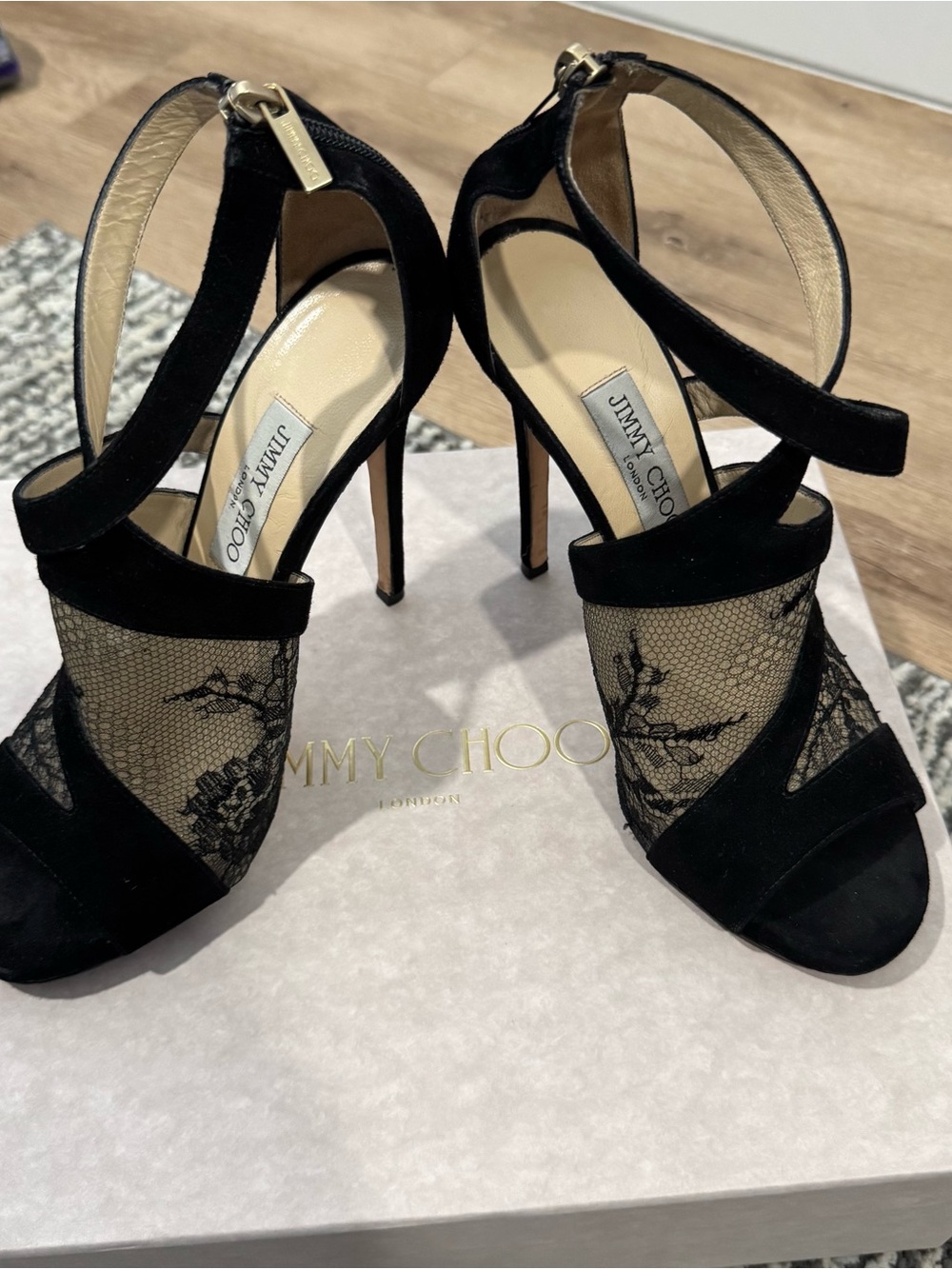 Jimmy Choo Black Suede & Lace Sandals